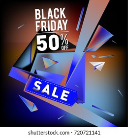 Black friday sale poster. 3d colorful geometric poster design template for promotion. Glossy metal and plastic material style.