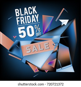 Black friday sale poster. 3d colorful geometric poster design template for promotion. Glossy metal and plastic material style.