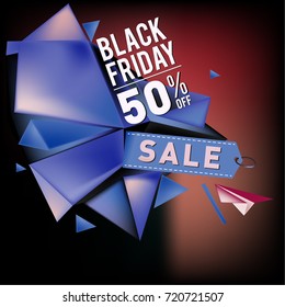 Black friday sale poster. 3d colorful geometric poster design template for promotion. Glossy metal and plastic material style.