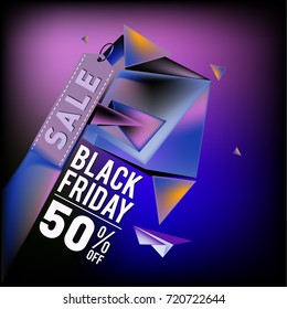 Black friday sale poster. 3d colorful geometric poster design template for promotion. Glossy metal and plastic material style.