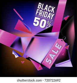 Black friday sale poster. 3d colorful geometric poster design template for promotion. Glossy metal and plastic material style.