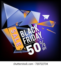 Black friday sale poster. 3d colorful geometric poster design template for promotion. Glossy metal and plastic material style.