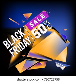 Black friday sale poster. 3d colorful geometric poster design template for promotion. Glossy metal and plastic material style.