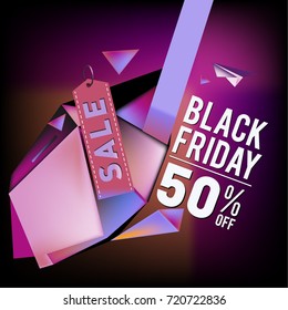 Black friday sale poster. 3d colorful geometric poster design template for promotion. Glossy metal and plastic material style.