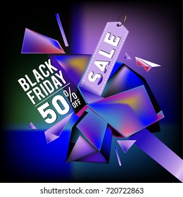 Black friday sale poster. 3d colorful geometric poster design template for promotion. Glossy metal and plastic material style.