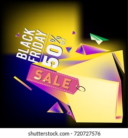 Black friday sale poster. 3d colorful geometric poster design template for promotion. Glossy metal and plastic material style.