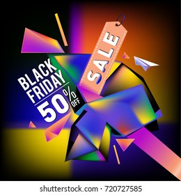 Black friday sale poster. 3d colorful geometric poster design template for promotion. Glossy metal and plastic material style.