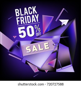 Black friday sale poster. 3d colorful geometric poster design template for promotion. Glossy metal and plastic material style.