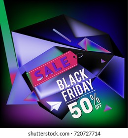 Black friday sale poster. 3d colorful geometric poster design template for promotion. Glossy metal and plastic material style.