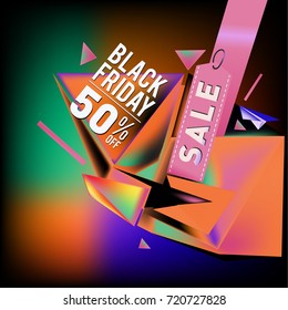 Black friday sale poster. 3d colorful geometric poster design template for promotion. Glossy metal and plastic material style.