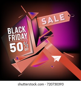 Black friday sale poster. 3d colorful geometric poster design template for promotion. Glossy metal and plastic material style.