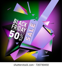 Black friday sale poster. 3d colorful geometric poster design template for promotion. Glossy metal and plastic material style.