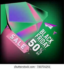 Black friday sale poster. 3d colorful geometric poster design template for promotion. Glossy metal and plastic material style.