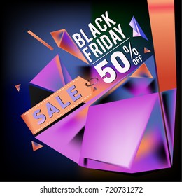 Black friday sale poster. 3d colorful geometric poster design template for promotion. Glossy metal and plastic material style.