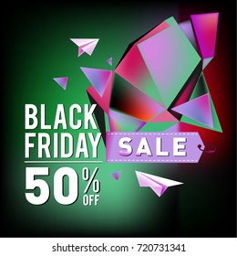Black friday sale poster. 3d colorful geometric poster design template for promotion. Glossy metal and plastic material style.