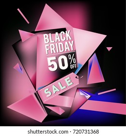 Black friday sale poster. 3d colorful geometric poster design template for promotion. Glossy metal and plastic material style.