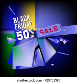 Black friday sale poster. 3d colorful geometric poster design template for promotion. Glossy metal and plastic material style.