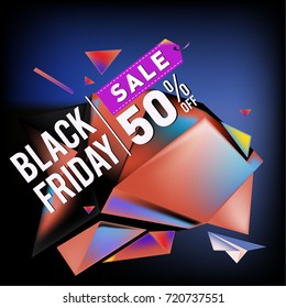 Black friday sale poster. 3d colorful geometric poster design template for promotion. Glossy metal and plastic material style.