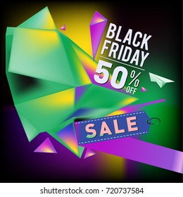 Black friday sale poster. 3d colorful geometric poster design template for promotion. Glossy metal and plastic material style.