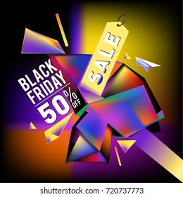 Black friday sale poster. 3d colorful geometric poster design template for promotion. Glossy metal and plastic material style.
