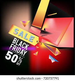 Black friday sale poster. 3d colorful geometric poster design template for promotion. Glossy metal and plastic material style.