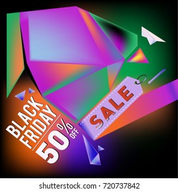 Black friday sale poster. 3d colorful geometric poster design template for promotion. Glossy metal and plastic material style.