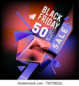 Black friday sale poster. 3d colorful geometric poster design template for promotion. Glossy metal and plastic material style.