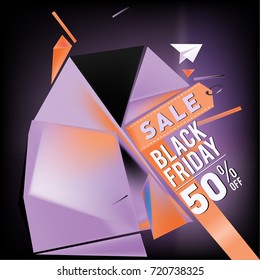 Black friday sale poster. 3d colorful geometric poster design template for promotion. Glossy metal and plastic material style.