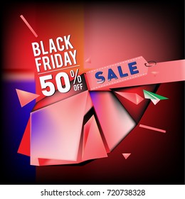 Black friday sale poster. 3d colorful geometric poster design template for promotion. Glossy metal and plastic material style.