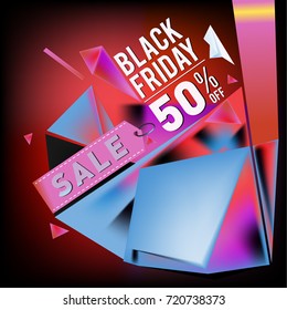 Black friday sale poster. 3d colorful geometric poster design template for promotion. Glossy metal and plastic material style.