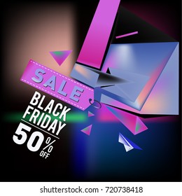 Black friday sale poster. 3d colorful geometric poster design template for promotion. Glossy metal and plastic material style.