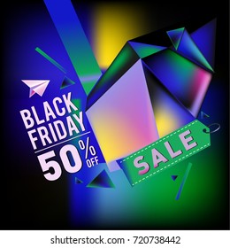Black friday sale poster. 3d colorful geometric poster design template for promotion. Glossy metal and plastic material style.
