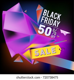 Black friday sale poster. 3d colorful geometric poster design template for promotion. Glossy metal and plastic material style.