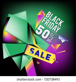 Black friday sale poster. 3d colorful geometric poster design template for promotion. Glossy metal and plastic material style.