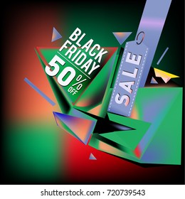 Black friday sale poster. 3d colorful geometric poster design template for promotion. Glossy metal and plastic material style.