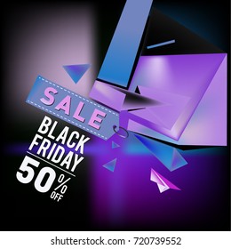 Black friday sale poster. 3d colorful geometric poster design template for promotion. Glossy metal and plastic material style.
