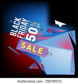 Black friday sale poster. 3d colorful geometric poster design template for promotion. Glossy metal and plastic material style.