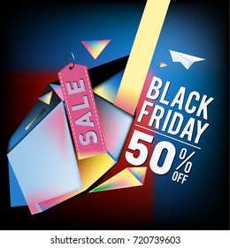 Black friday sale poster. 3d colorful geometric poster design template for promotion. Glossy metal and plastic material style.