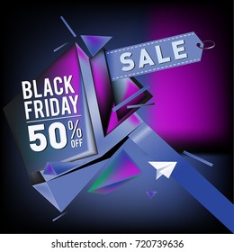 Black friday sale poster. 3d colorful geometric poster design template for promotion. Glossy metal and plastic material style.