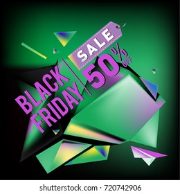 Black friday sale poster. 3d colorful geometric poster design template for promotion. Glossy metal and plastic material style.