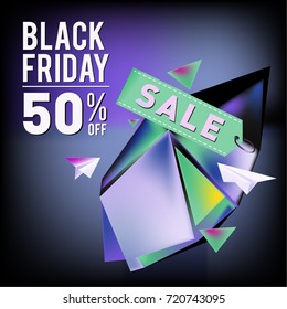 Black friday sale poster. 3d colorful geometric poster design template for promotion. Glossy metal and plastic material style.