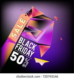 Black friday sale poster. 3d colorful geometric poster design template for promotion. Glossy metal and plastic material style.