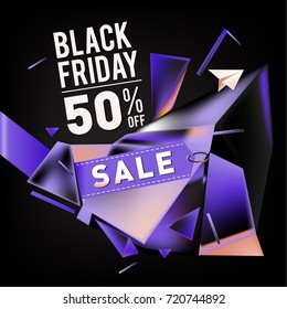 Black friday sale poster. 3d colorful geometric poster design template for promotion. Glossy metal and plastic material style.