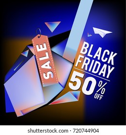 Black friday sale poster. 3d colorful geometric poster design template for promotion. Glossy metal and plastic material style.