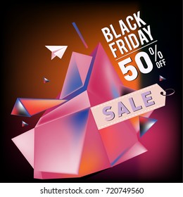 Black friday sale poster. 3d colorful geometric poster design template for promotion. Glossy metal and plastic material style.
