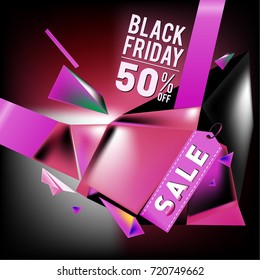 Black friday sale poster. 3d colorful geometric poster design template for promotion. Glossy metal and plastic material style.