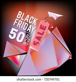 Black friday sale poster. 3d colorful geometric poster design template for promotion. Glossy metal and plastic material style.