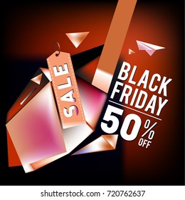 Black friday sale poster. 3d colorful geometric poster design template for promotion. Glossy metal and plastic material style.