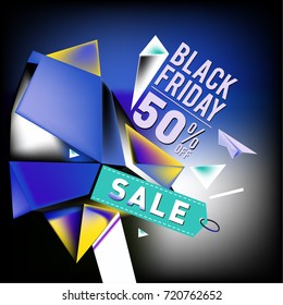 Black friday sale poster. 3d colorful geometric poster design template for promotion. Glossy metal and plastic material style.