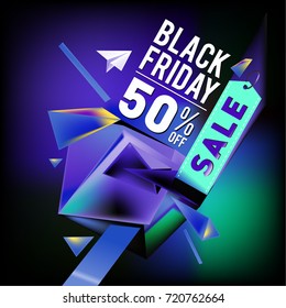 Black friday sale poster. 3d colorful geometric poster design template for promotion. Glossy metal and plastic material style.